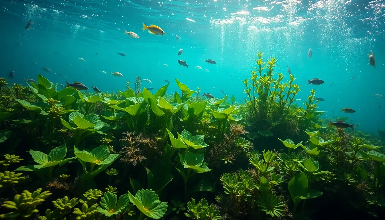 underwater scene of early aquatic plants with fish and sunlight.