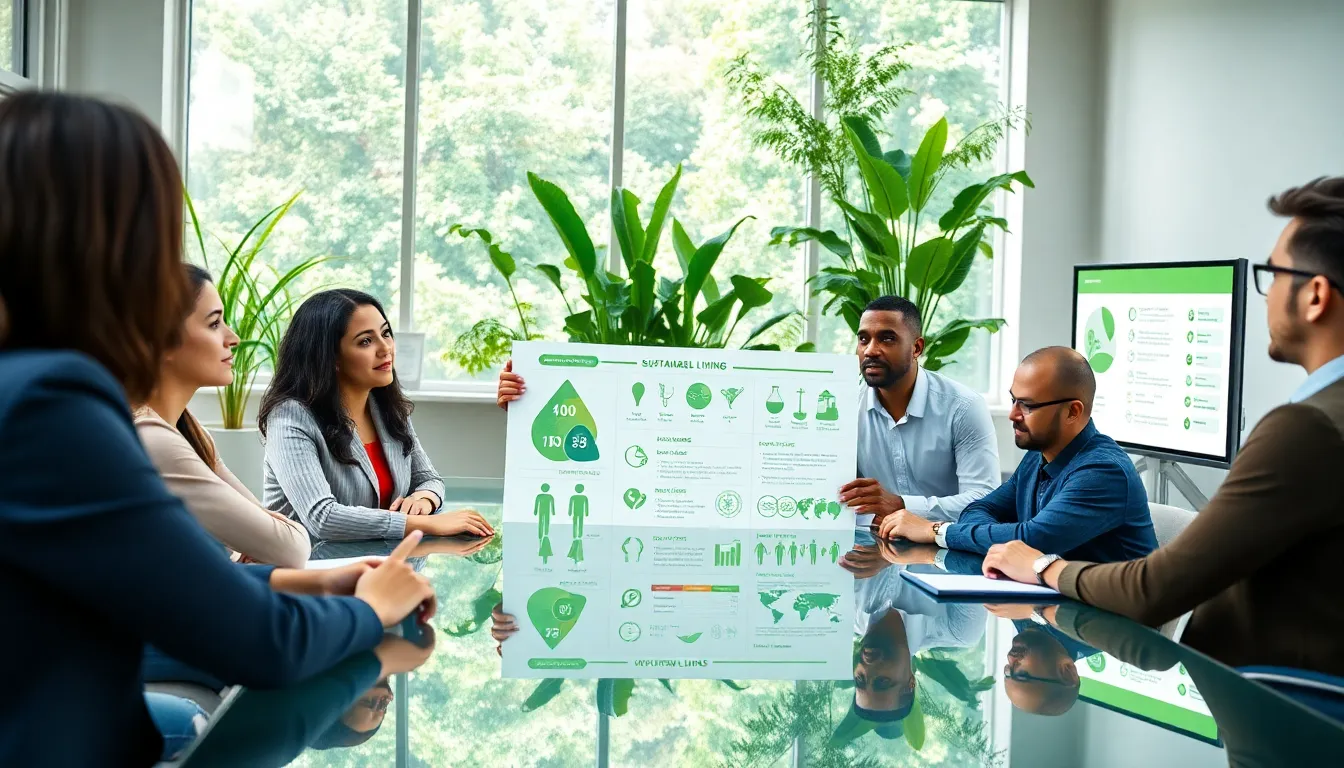 diverse team discussing sustainable living in a modern office.