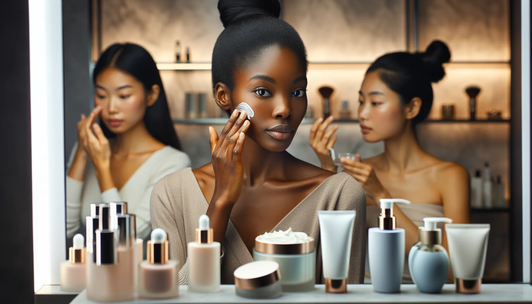 diverse women preparing skin for makeup in a modern beauty studio.