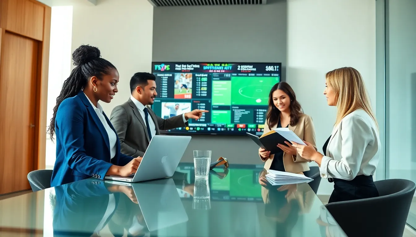 diverse team collaborating in a modern office setting, focusing on sports news.