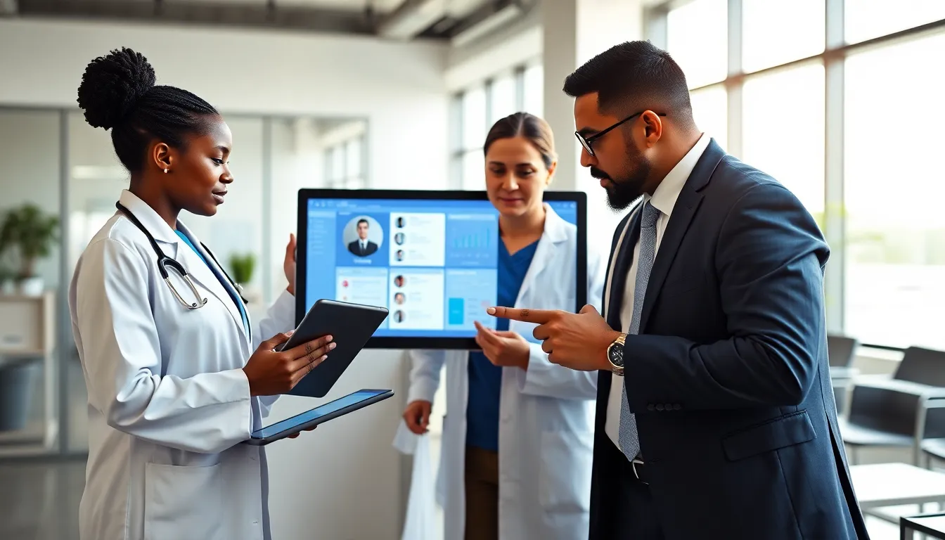 healthcare team discussing EHR software in a modern office.