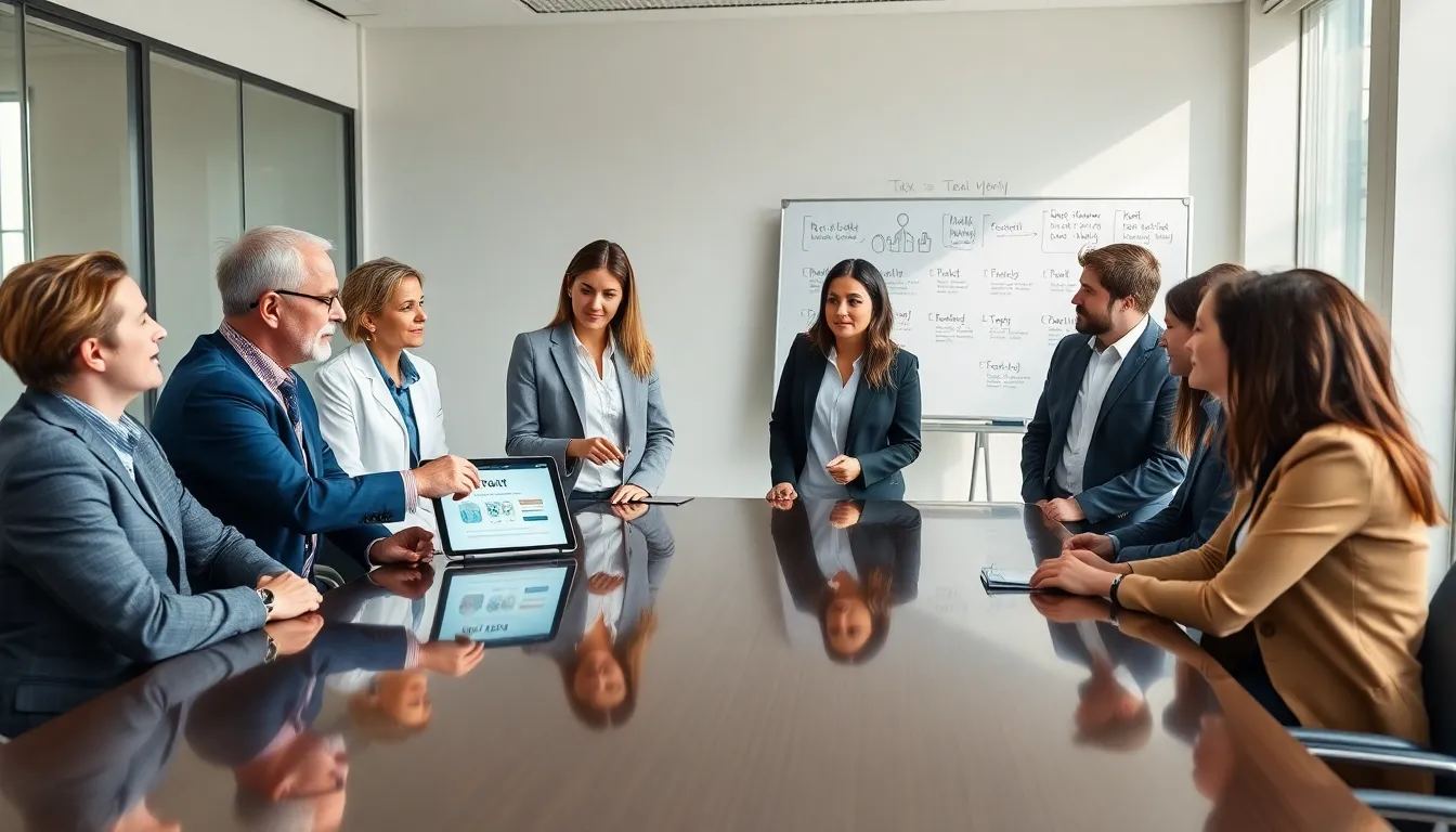 healthcare professionals discussing tax terms in a modern office.