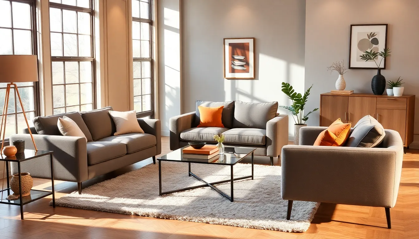 modern living room set with coordinated furniture and natural light.