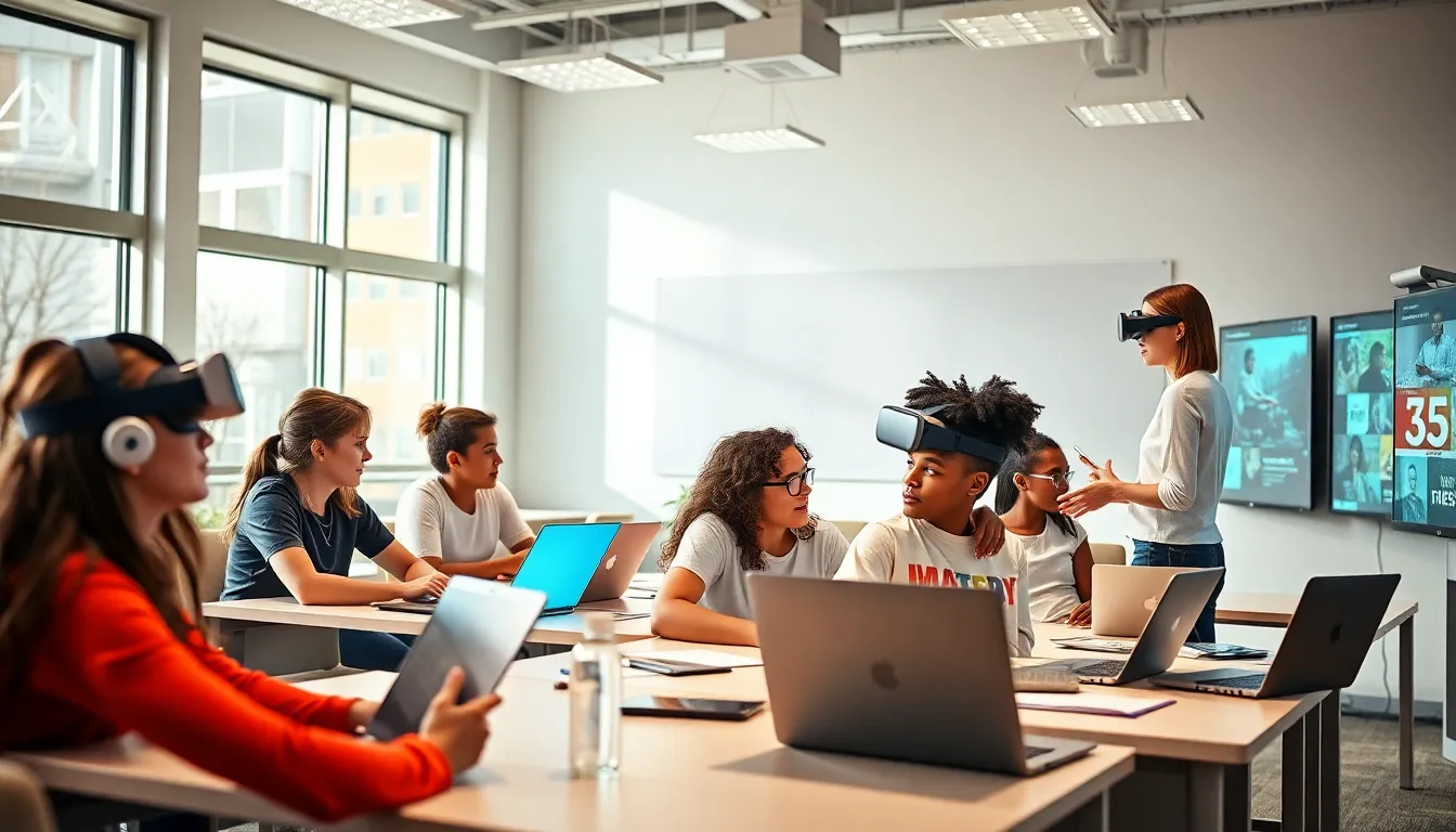 diverse students using technology in a modern classroom setting.