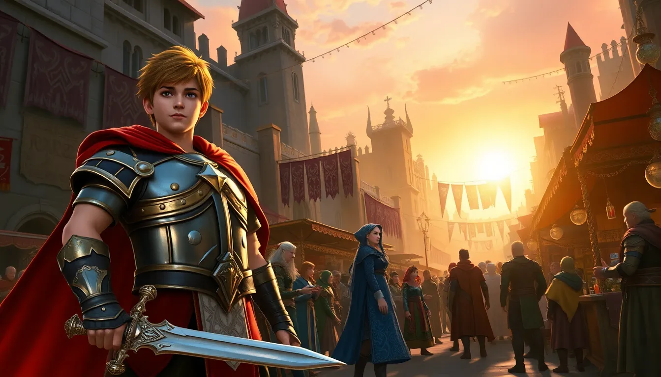 a diverse group of characters in the city of Neverwinter during sunset.