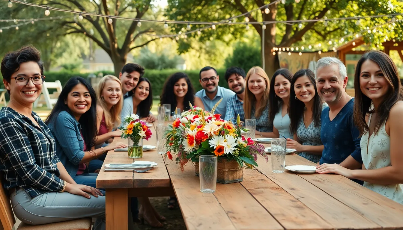 friends celebrating a joyful event in a beautiful outdoor setting.