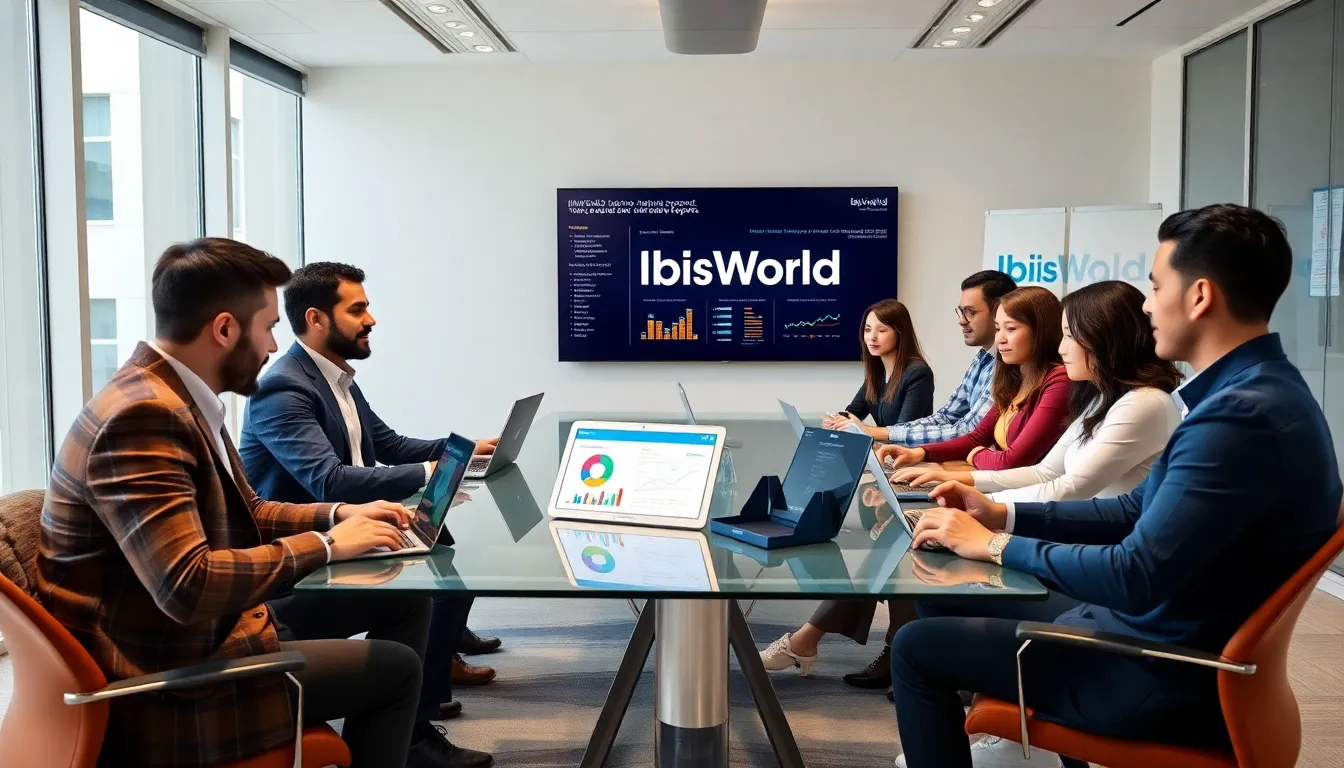 diverse team discussing industry reports in a modern office.