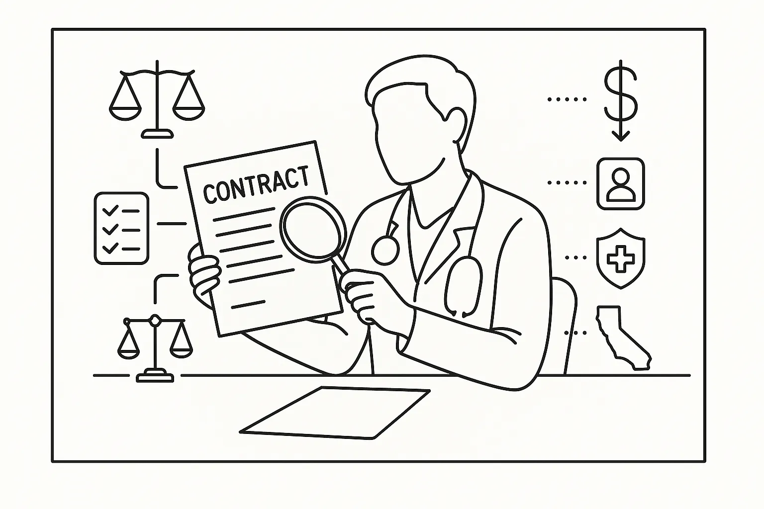 Physician assistant examining a contract with magnifying glass and legal icons of California Physician Assistant Contract Review.