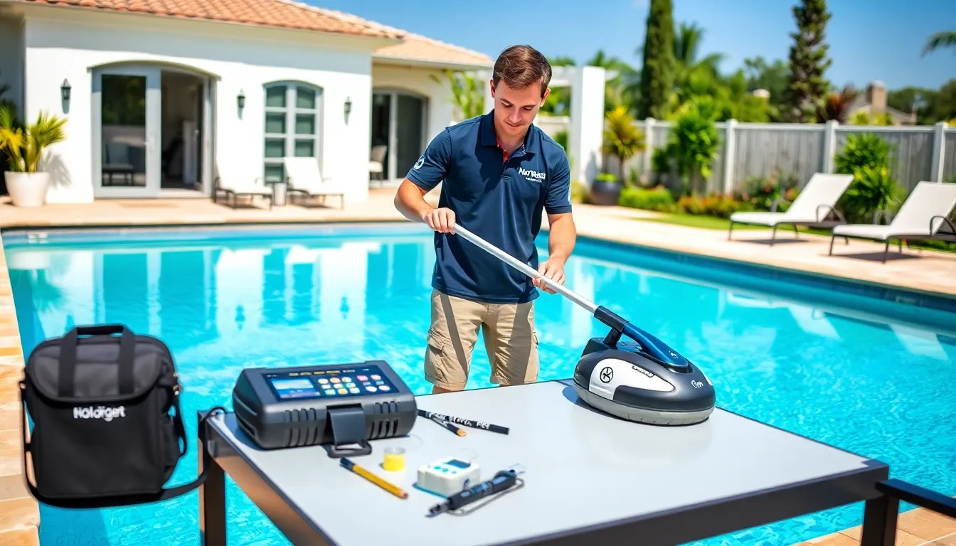 pool technician cleaning a well-maintained swimming pool.