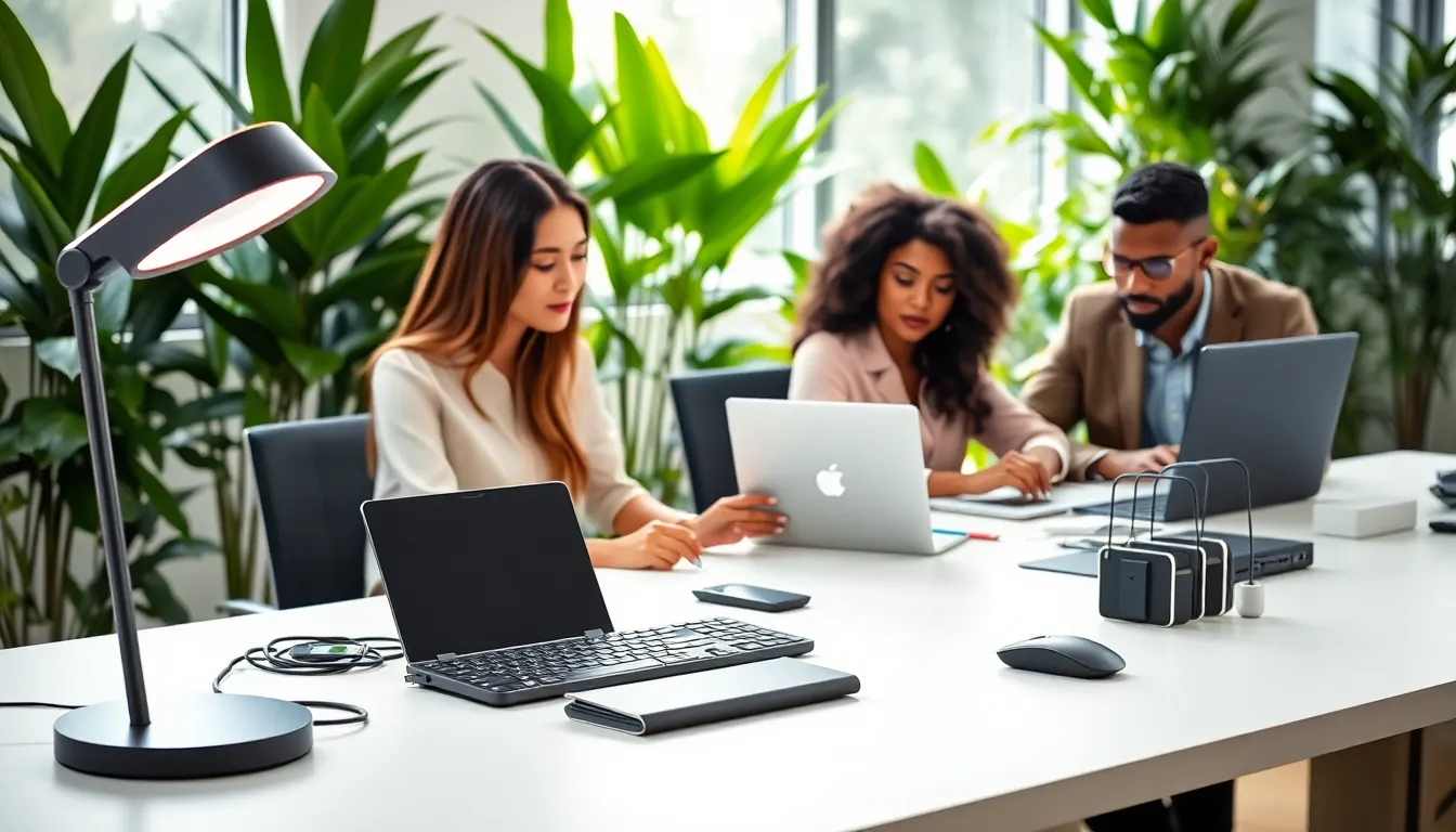 a sleek desk with tech accessories and diverse professionals working.