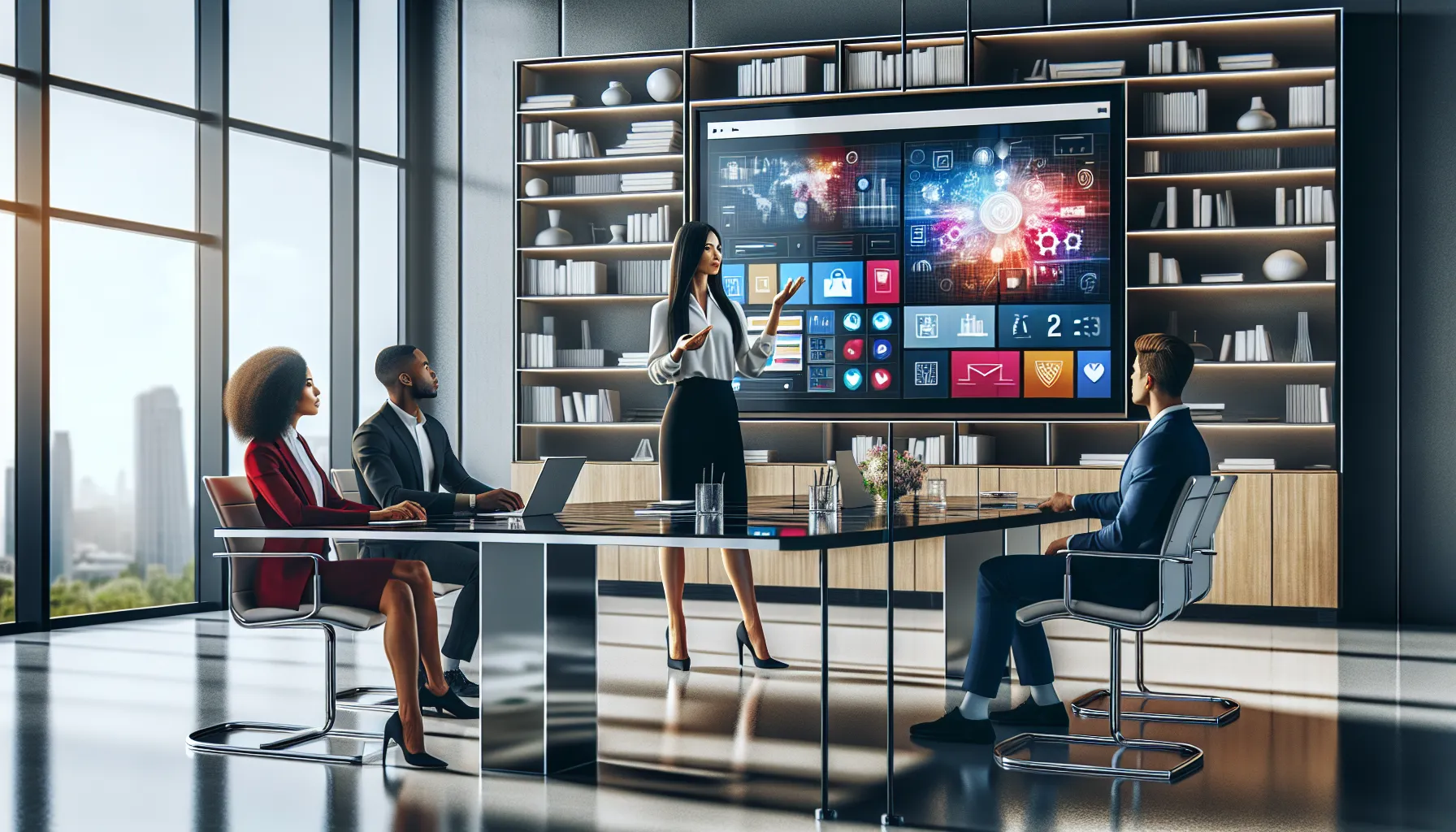 diverse professionals discussing at a modern conference table.