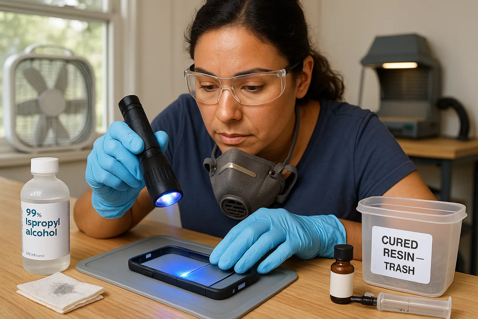 Person wearing nitrile gloves using a UV lamp to repair a cracked plastic phone bumper.