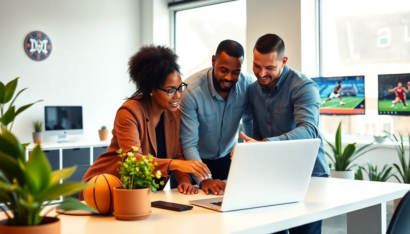 diverse team discussing sports news in a modern office.
