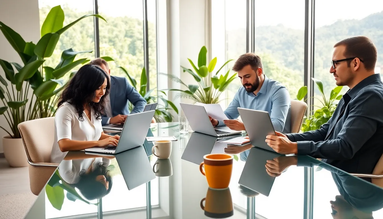 diverse remote workers in a bright office with a Costa Rican view.