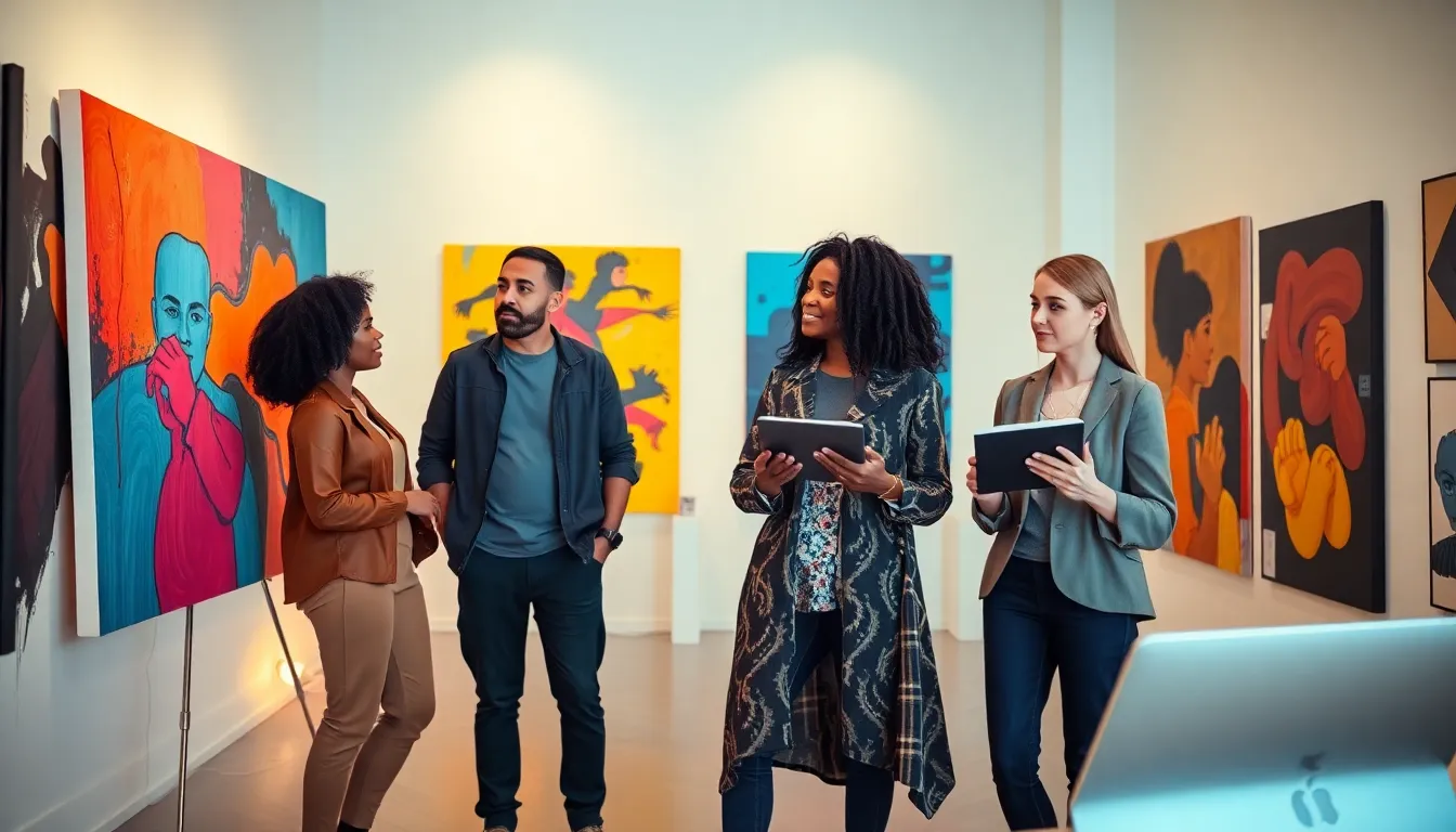 diverse team collaborating on a creative art installation in a modern studio.