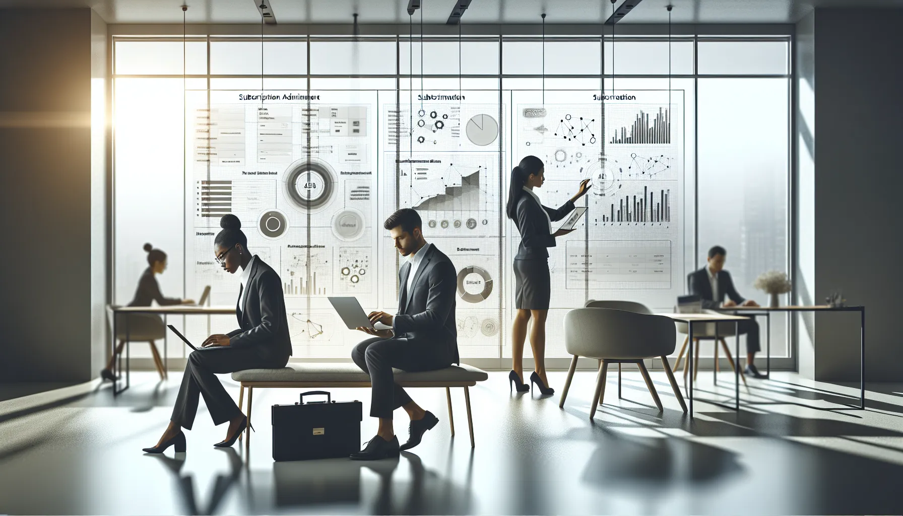 diverse professionals analyzing subscription data in a modern office.