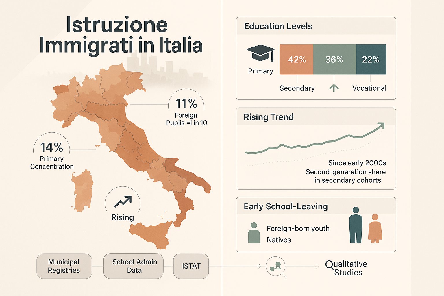 Infografica che mostra la distribuzione regionale e le tendenze degli studenti immigrati in Italia.