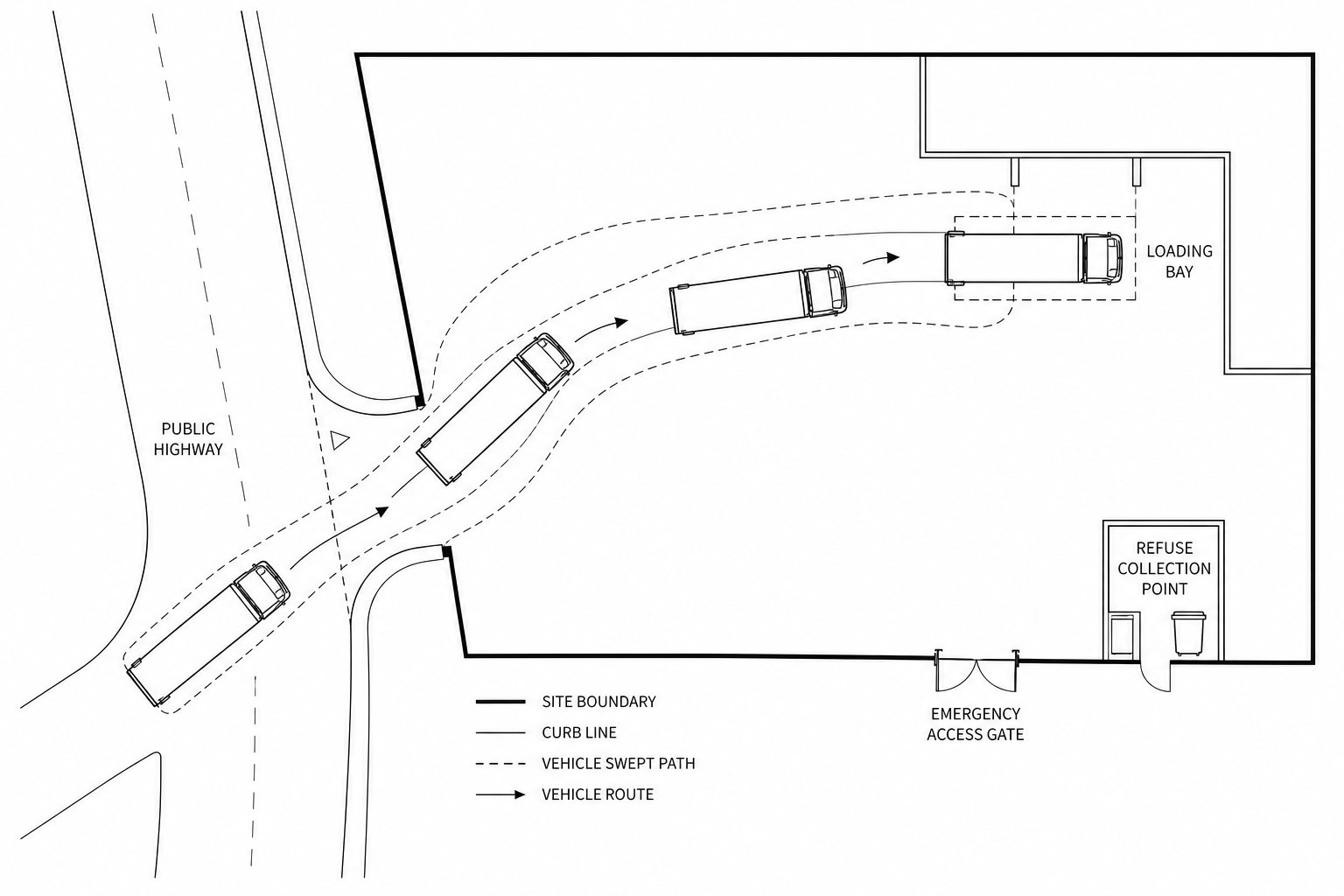 Delivery lorry navigating a site entrance to a loading area.