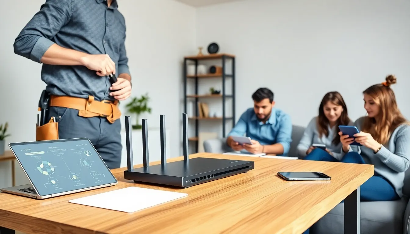 IT technician installing a router in a modern home office.