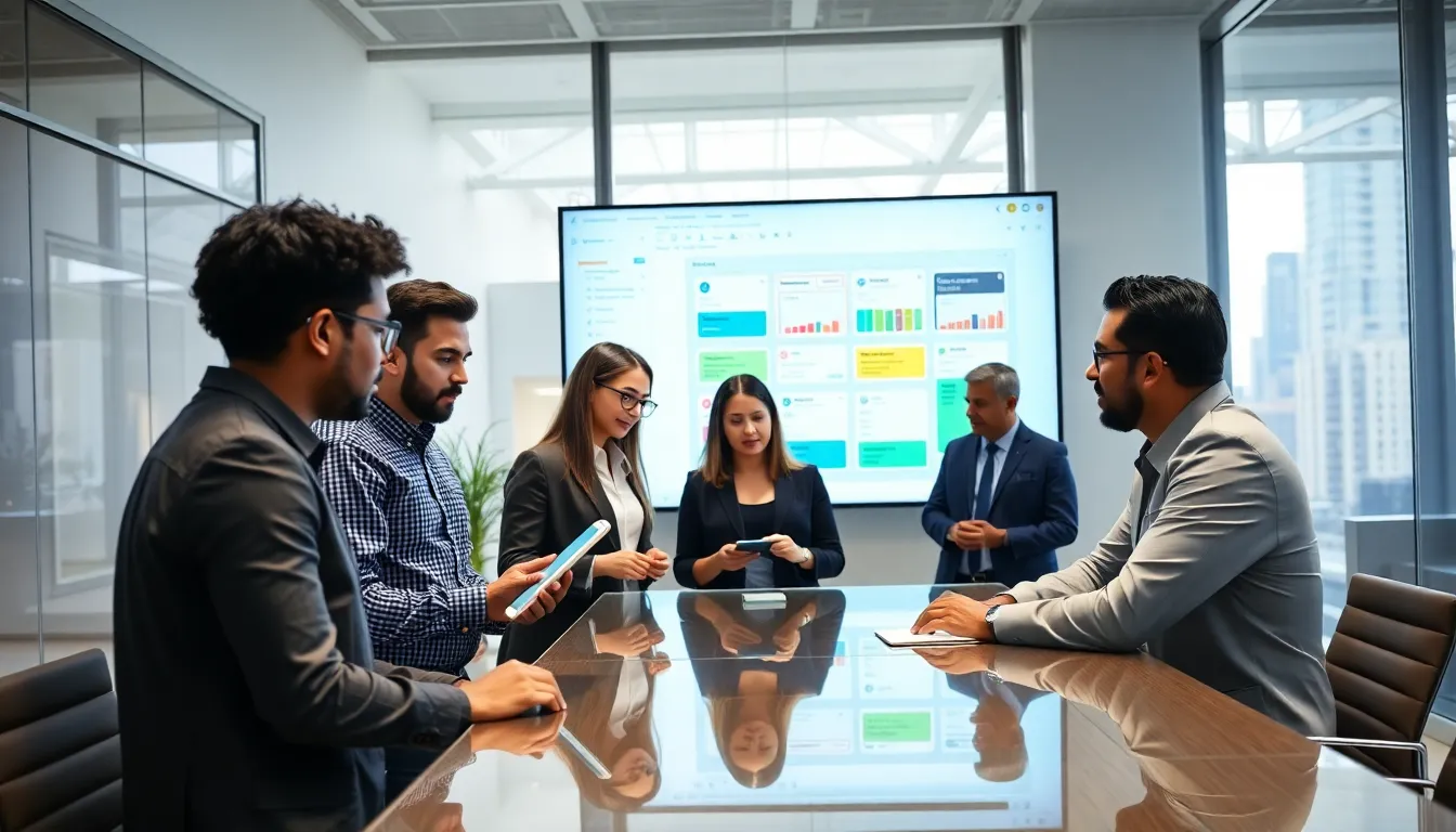 diverse team collaborating on a low code workflow in a modern office.