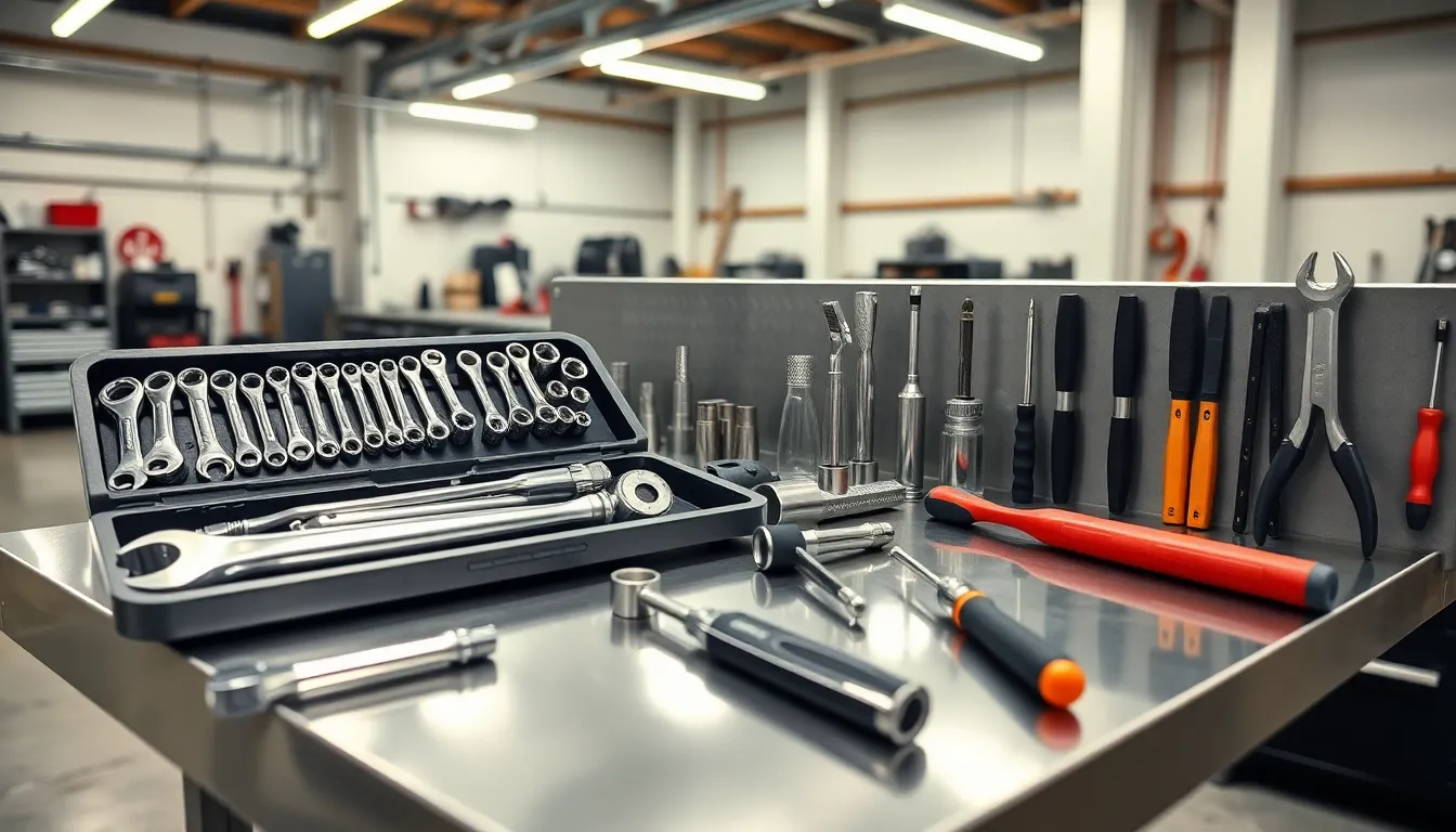 organized hand tools in a modern automobile workshop.