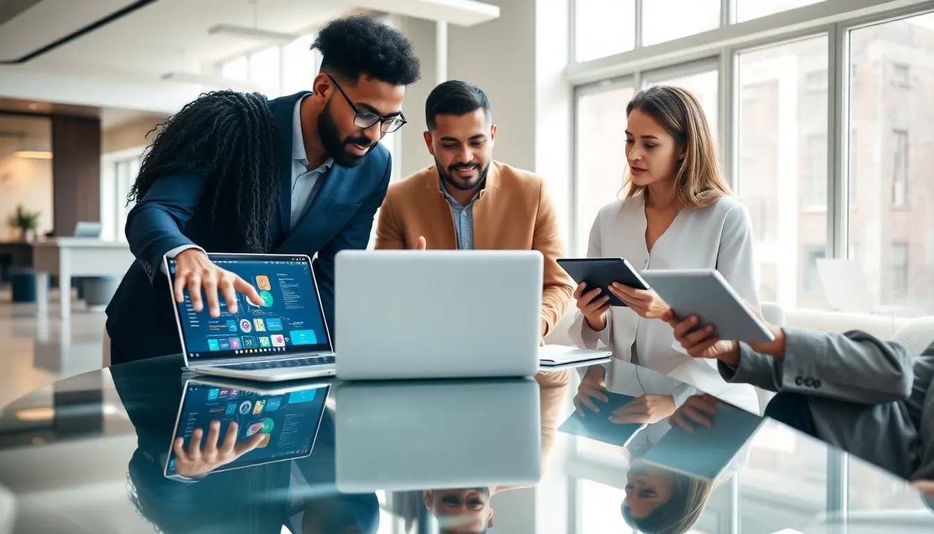 diverse team discussing software programs in a modern office.