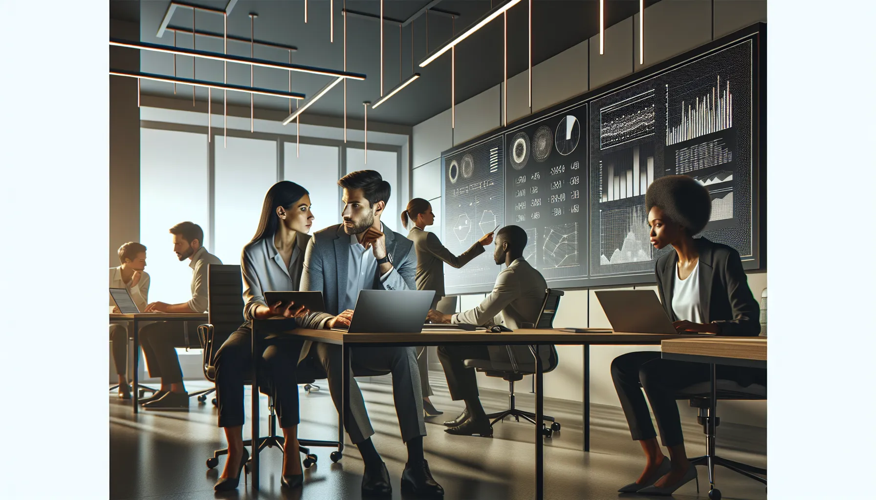 diverse team analyzing numerical data in a modern office.