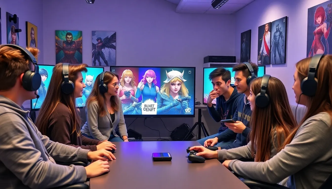 diverse gamers discussing character choices in a modern gaming setup.