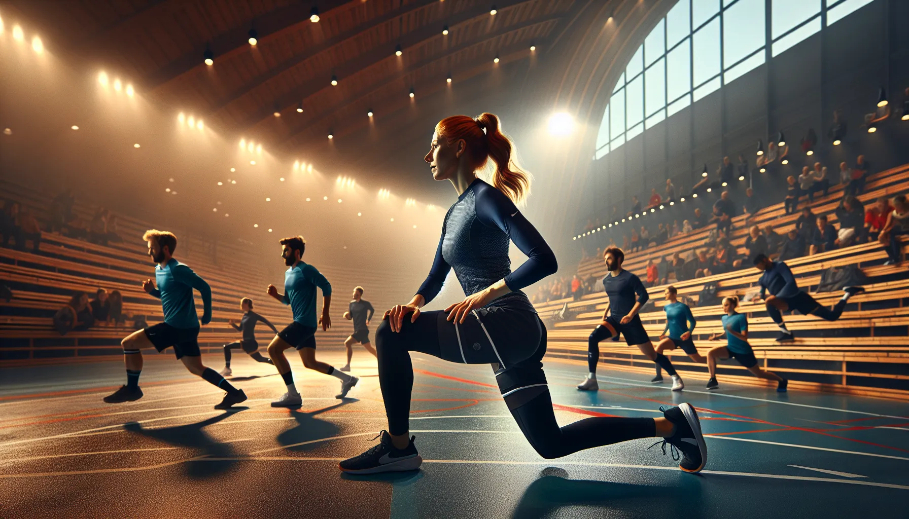 Athletes in a norwegian sports hall performing structured dynamic warm-up exercises.