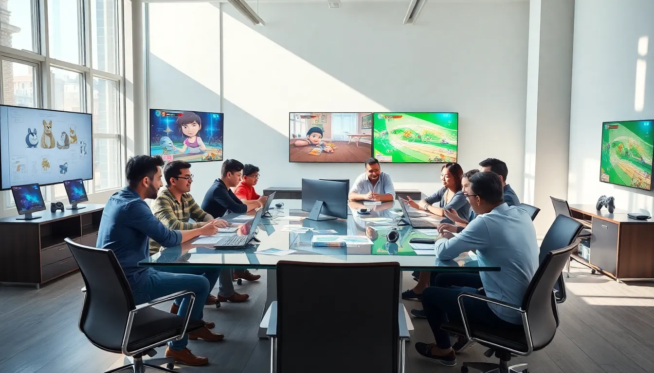 diverse team of game developers collaborating in a modern office.