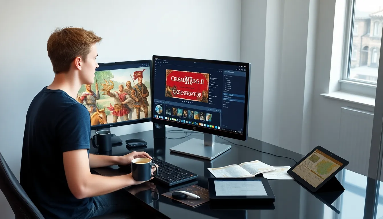 A young man using CK2Generator on his computer at a modern desk.