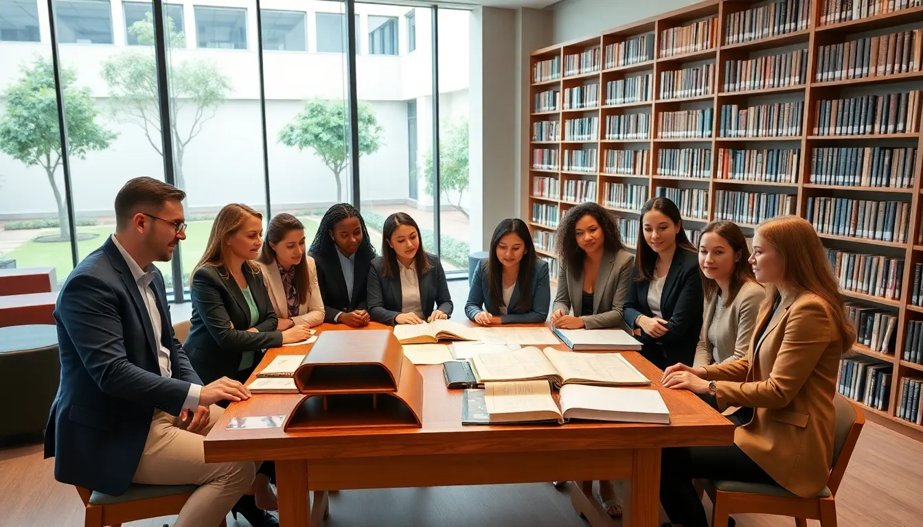 diverse professionals discussing the history of locantowoll in a library setting.