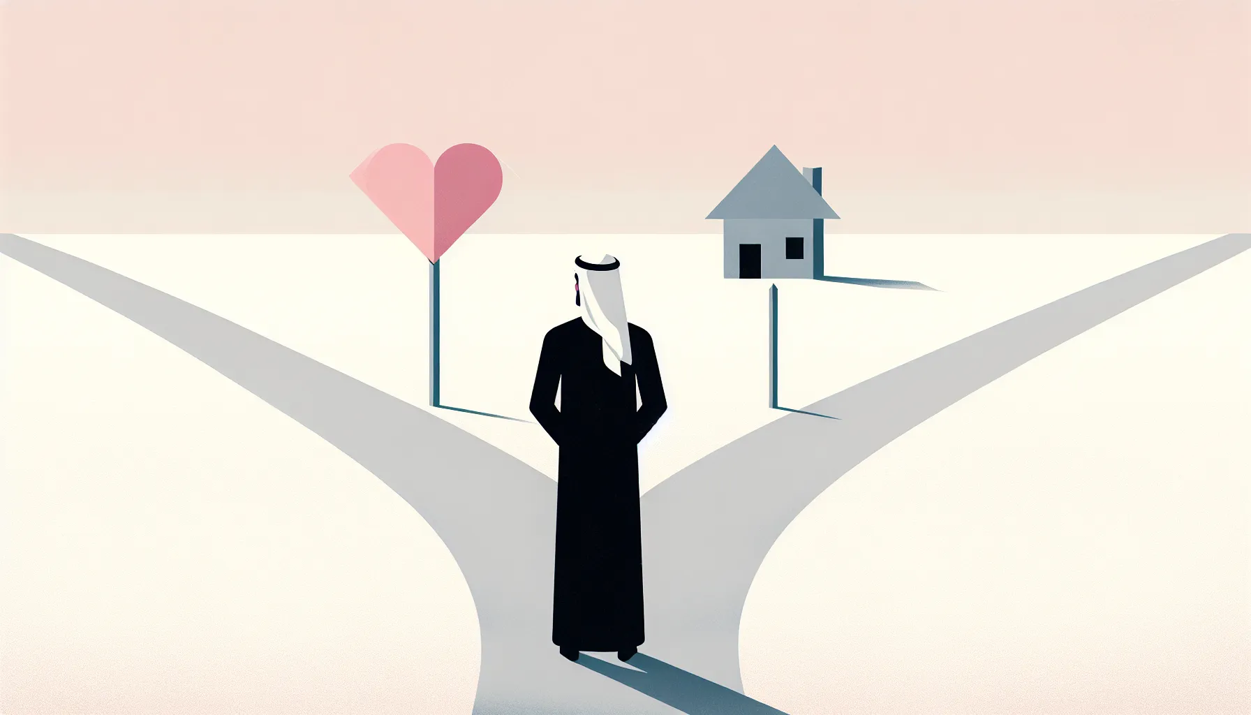 Young man silhouette at crossroads choosing between heart symbol and traditional house