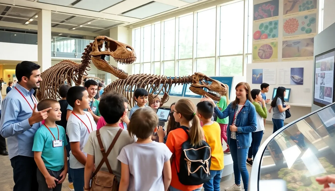 students engaging with interactive dinosaur exhibit in a modern museum.