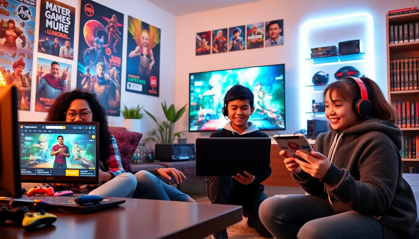 a diverse group of gamers engaging with technology in a vibrant workspace.