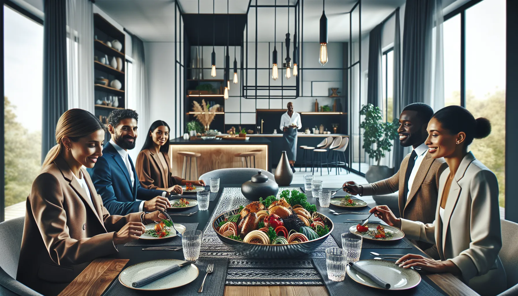A group enjoying a vibrant dish of швагрр in a modern dining setting.