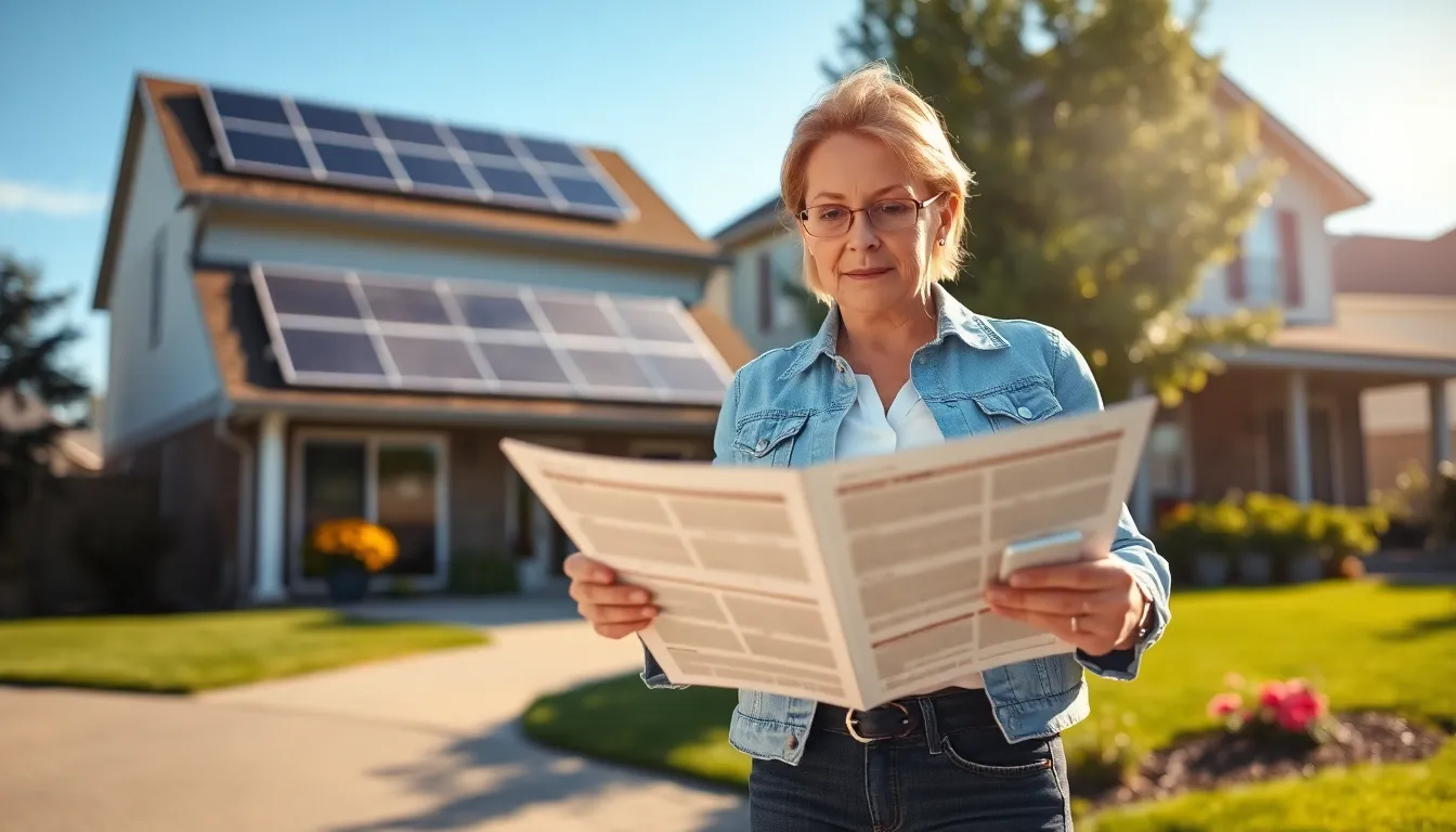 a woman reviewing solar financing options with panels on her home roof.