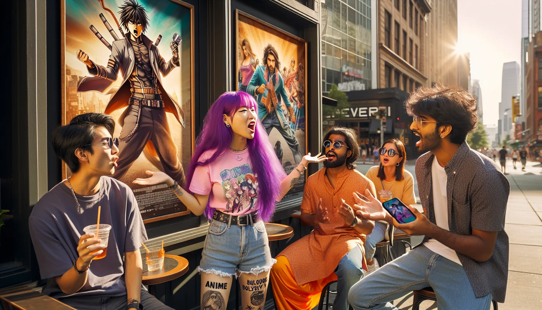 young adults debating anime and Bollywood outside a café in the USA.