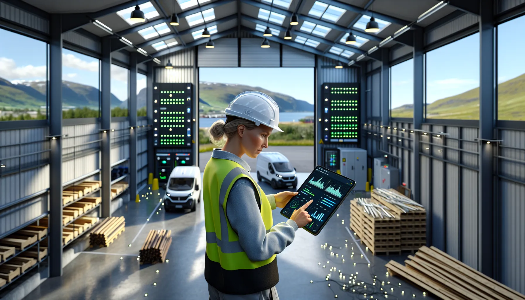 Slik kan entreprenører dra nytte av grønn teknologi 2 Norwegian contractor checks energy dashboard in solar-powered workshop with charging ev vans.