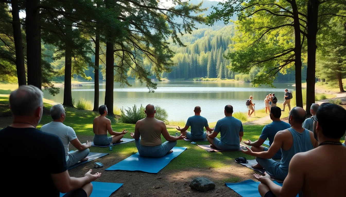 diverse men participating in a wellness retreat in a natural setting.