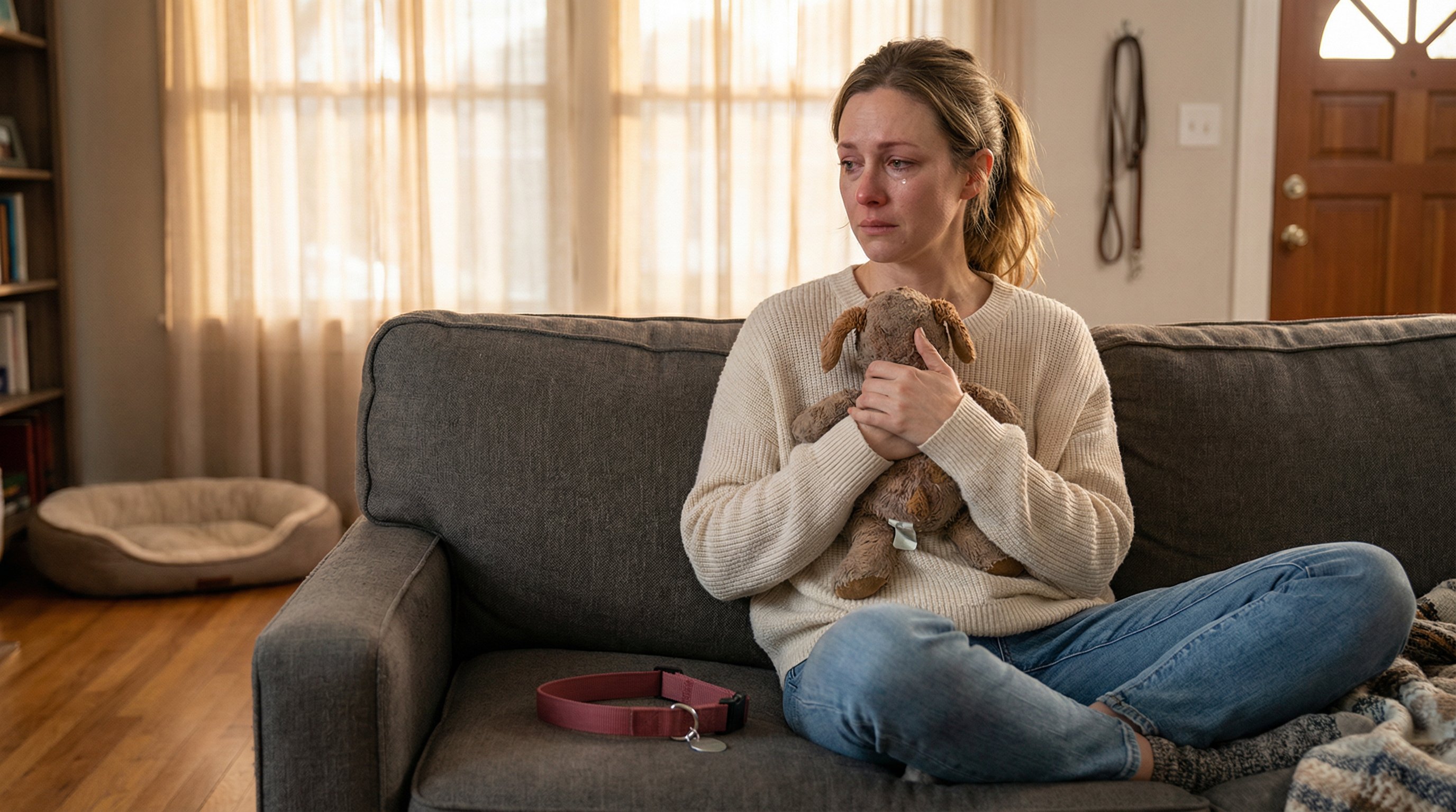 A tearful woman sitting on a couch holding a dog toy, grieving her lost pet.