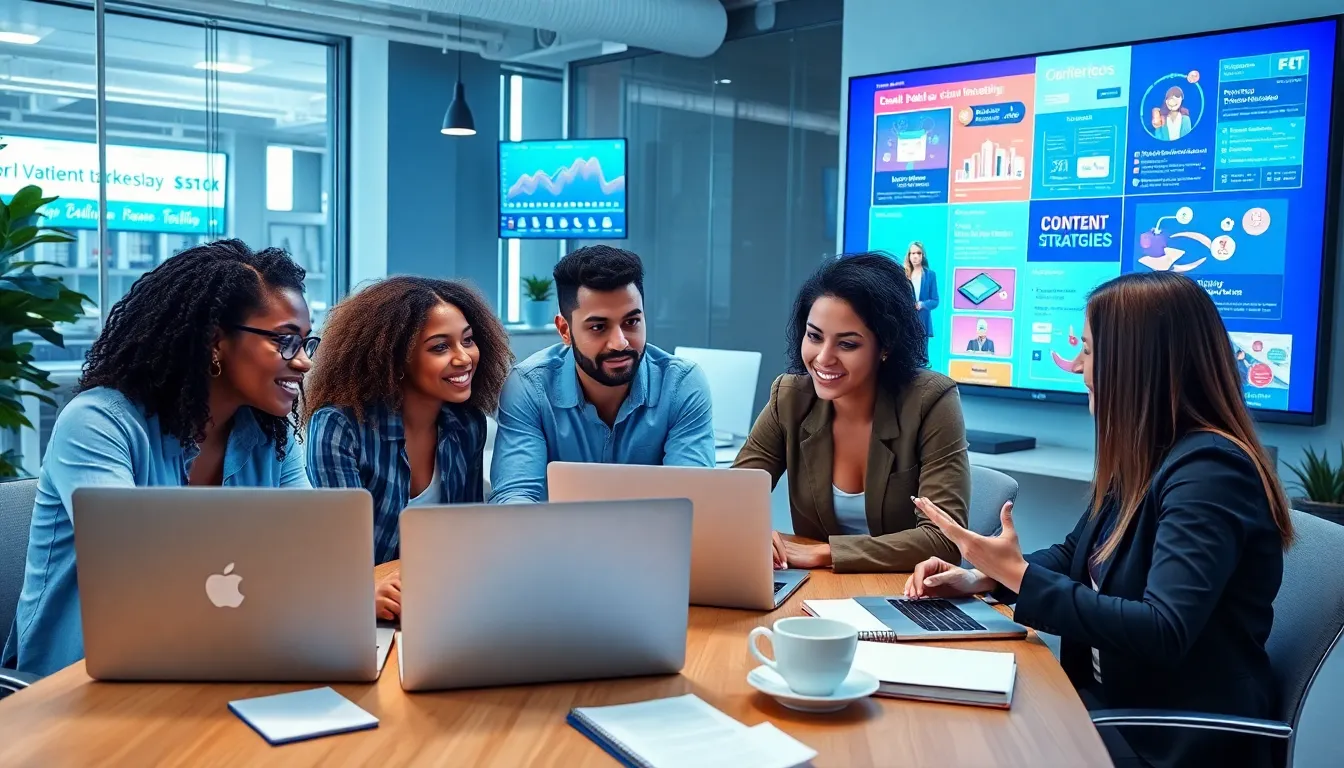 diverse digital marketing team collaborating in a modern office setting.