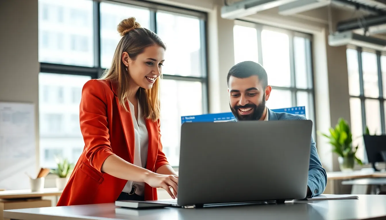 professionals collaborating over Outlook in a modern office.