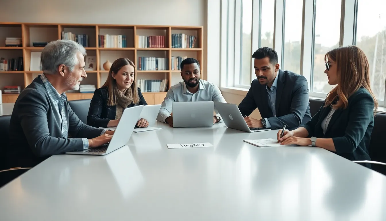 Group of linguists discussing language in a modern office.