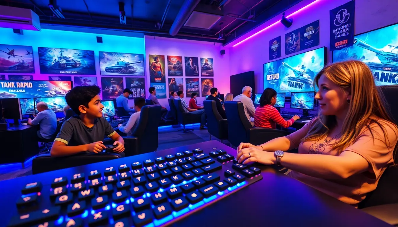 gamers in a lounge playing ImagineerGames' Tank Rapid on high-tech equipment.