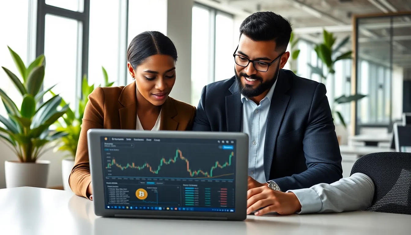 diverse professionals collaborating on cryptocurrency education in a modern office.