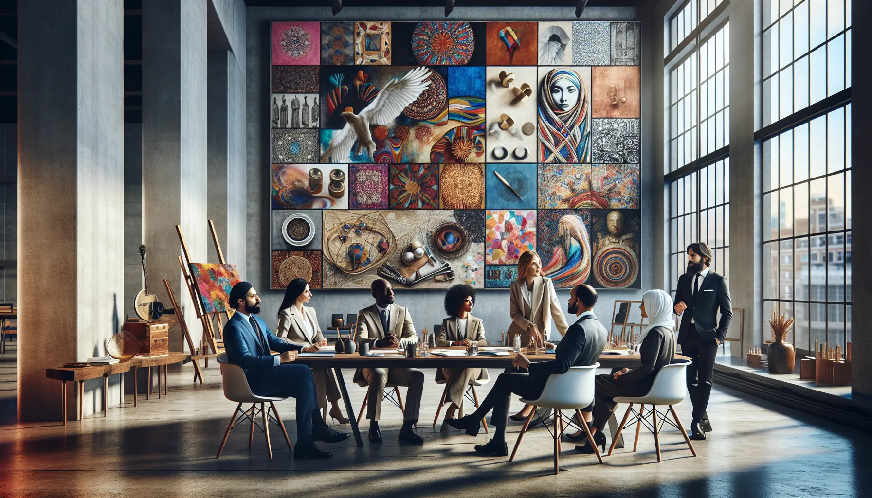 diverse professionals discussing art and culture in a modern workspace.