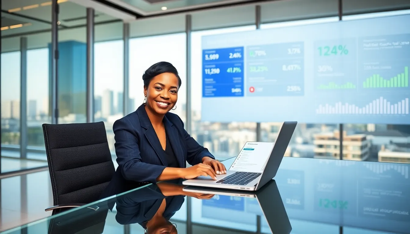 a professional woman at a desk in a modern real estate office.
