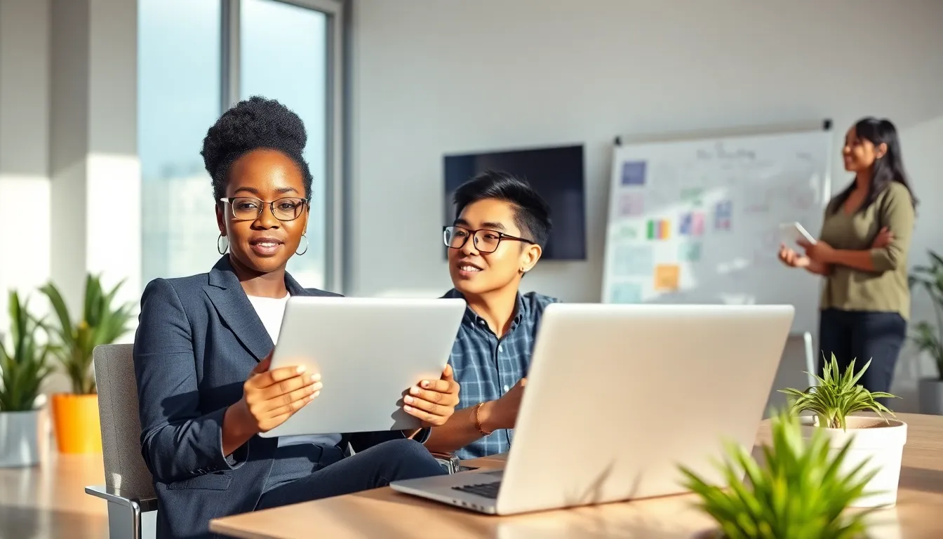 professionals collaborating in a modern office during a video conference