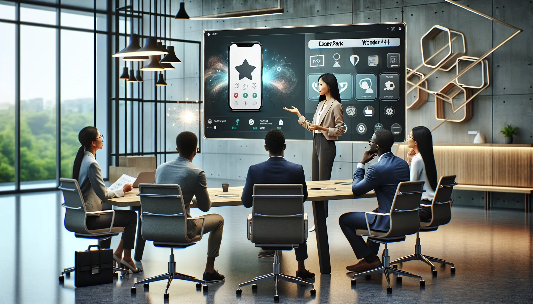 diverse team discussing the Esampark Wonder 444 software in a modern office.